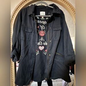 Torrid Black Denim Utility Jacket with Embroidered Detail